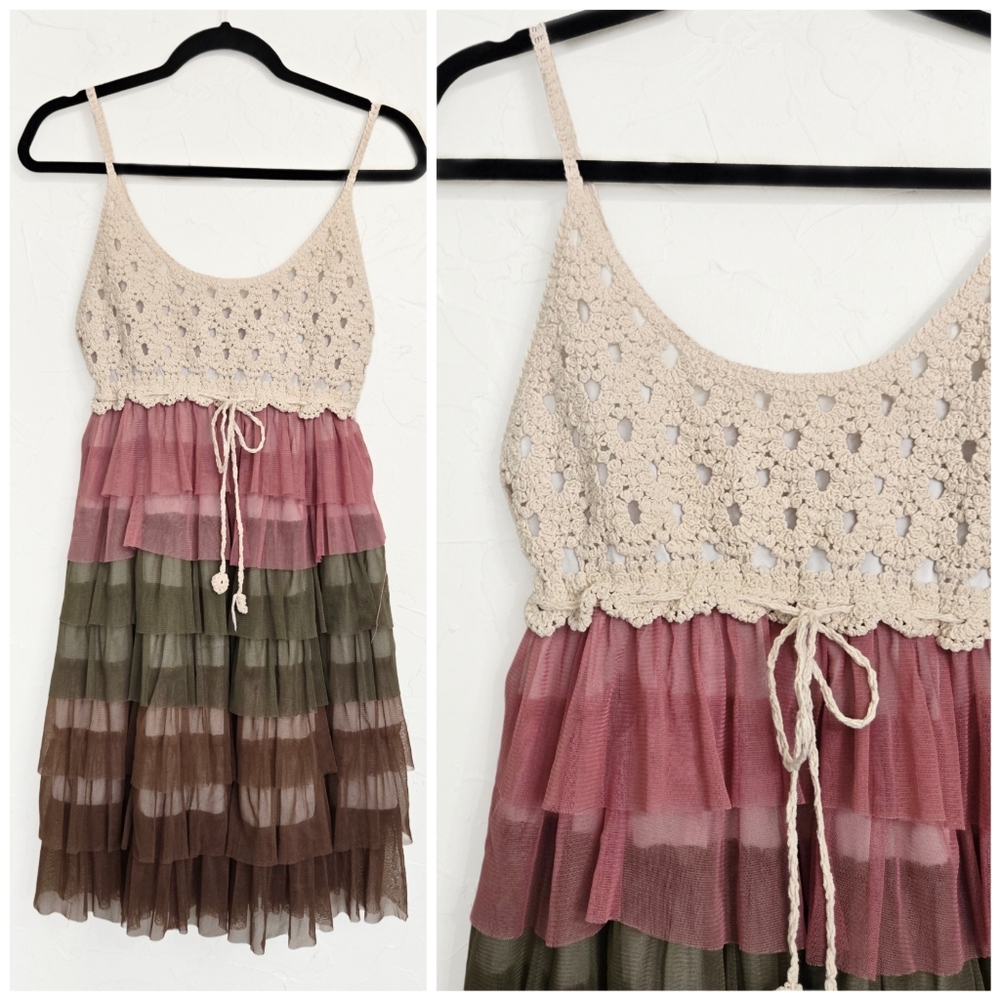 J Gee Ruffle Tulle Crochet Bust Dress, M